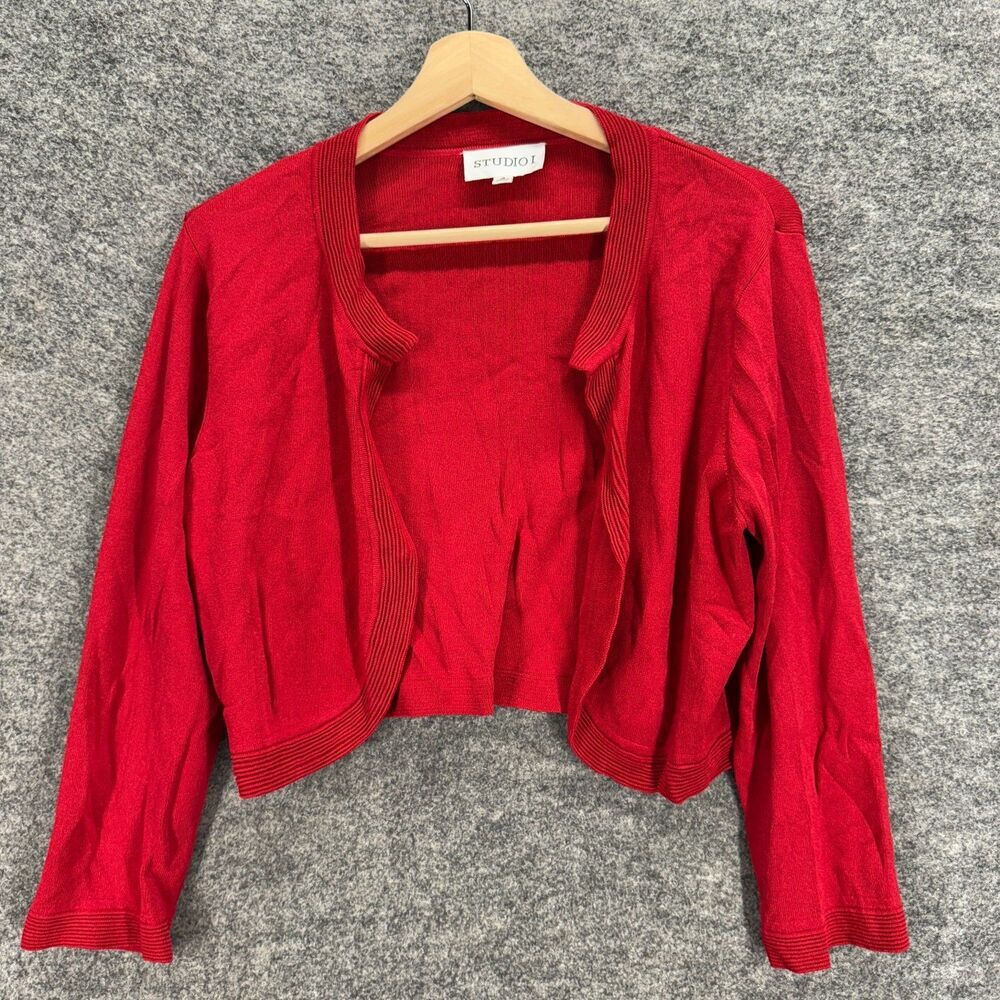 Studio 1 Cardigan Women 16 Red Open Front Long Sleeve Knit Viscose Casual Solid